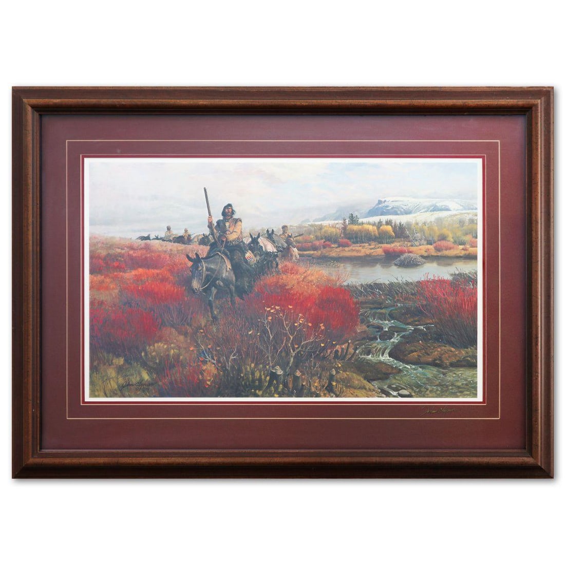 John Clymer- Offset Lithograph "Trapper": Artist: John Clymer. Medium: Offset Lithograph. Title: Trapper. Size: 17" x 28". Measures approx. 28" x 38" (framed). Signature: Signed and numbered. Additional: Disclaimer: The frame shows some signs