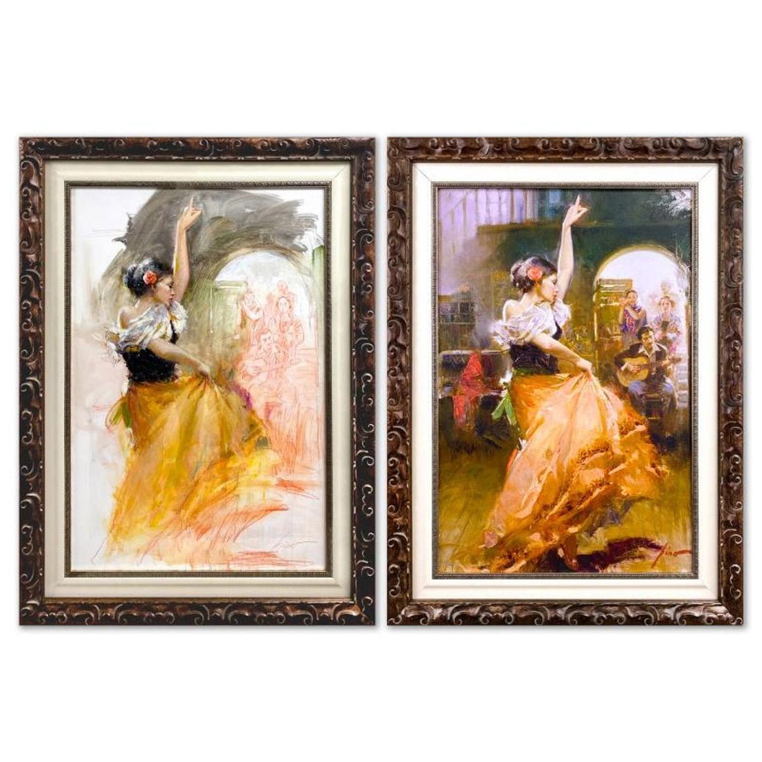 Pino (1939-2010), "La Diva Set" Framed Original Oil Painting on Board with Matching Hand Embellished: "La Diva Set" includes an original oil painting on board with a matching hand embellished limited edition on canvas by Pino (1939-2010). Both pieces are hand signed by the artist and the limited