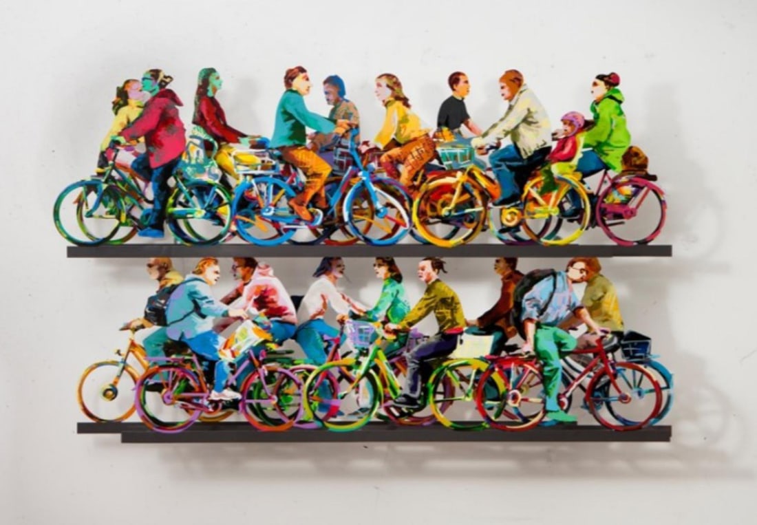 David Gerstein- Mixed Media Cutout Aluminum "City Riders A": Artist: David Gerstein. Medium: Mixed Media Cutout Aluminum. Title: City Riders A. Size: 47" x 28". Signature: Signed and numbered. Certificate of Authenticity: Is included. Additional: Limited editio