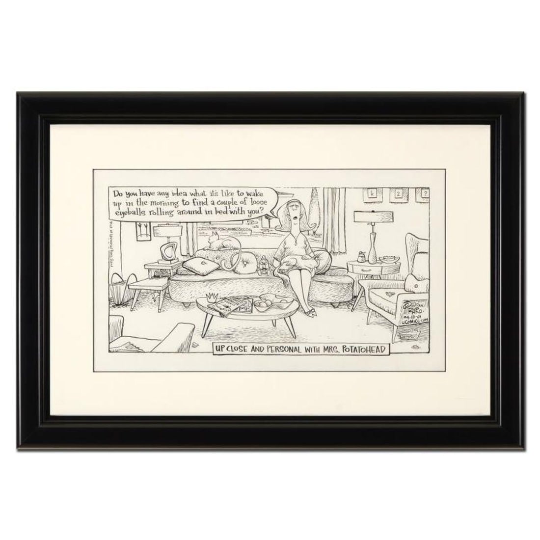 Bizarro, "Mrs Potato Head" is a Framed Original Pen & Ink Drawing by Dan Piraro, Hand Signed with: Enter a surreal and satirical world of twisted imagination and award winning creativity. "Mrs Potato Head" is an original pen & ink drawing on paper by Dan Piraro, creator of the critically acclaimed