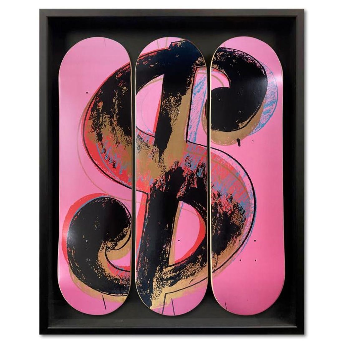 Warhol (1928-1987), "Dollar Sign Pink, 1981" Framed Skateboard Triptych, Plate Signed with Letter of: Dollar Sign Pink, 1981 is a skateboard triptych by Warhol (1928-1987), bearing the plate signature of the artist inverso. This triptych comes custom framed. Includes Letter of Authenticity. Measures