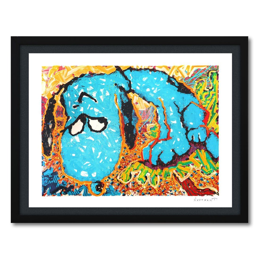 Tom Everhart- Hand Pulled Original Lithograph "Hollywood Hound Dog": Artist: Tom Everhart. Medium: Hand Pulled Original Lithograph. Title: Hollywood Hound Dog. Size: 30" x 40". Measures approx. 36" x 46" (framed). Signature: Hand signed and numbered. Certificate of Aut