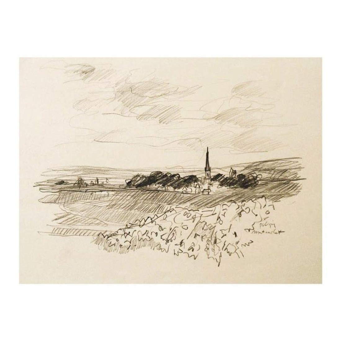 Wayne Ensrud, "Village of Puligny-Montrachet, Burgundy" Pencil Original Artwork; Hand Signed; COA: "Village of Puligny-Montrachet, Burgundy" is an original Pencil on Paper by Wayne Ensrud. The piece is hand signed by the artist and comes with a Certificate of Authenticity. Measures approximately 15