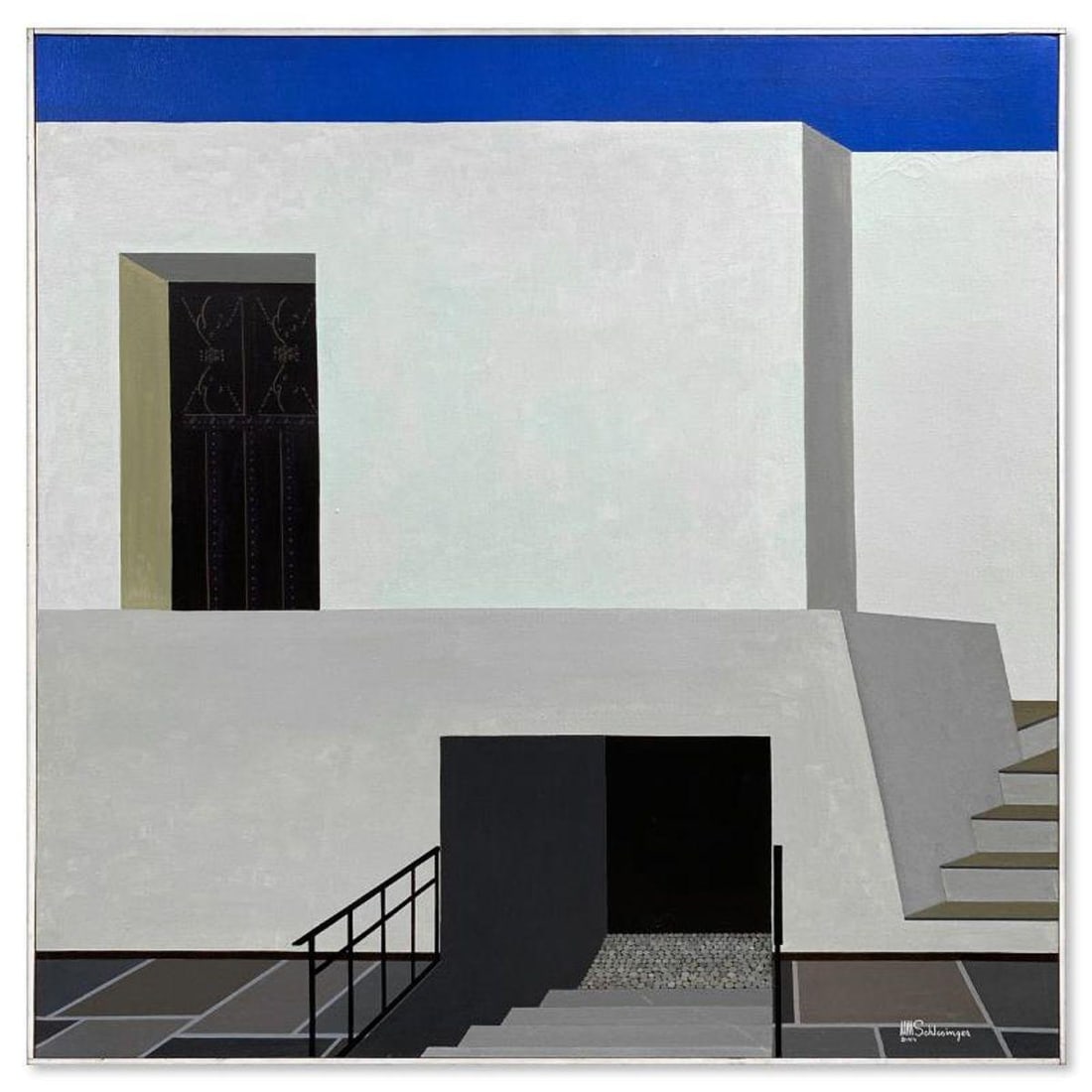 William Schlesinger (1915-2011), Framed Original Oil Painting on Canvas (36.5" x 36.5"), Dated 1978: This is an original oil painting on canvas by William Schlesinger (1915-2011), dated 1978 and hand signed by the artist. This piece comes framed in a box frame; due to the age of the piece there is mi