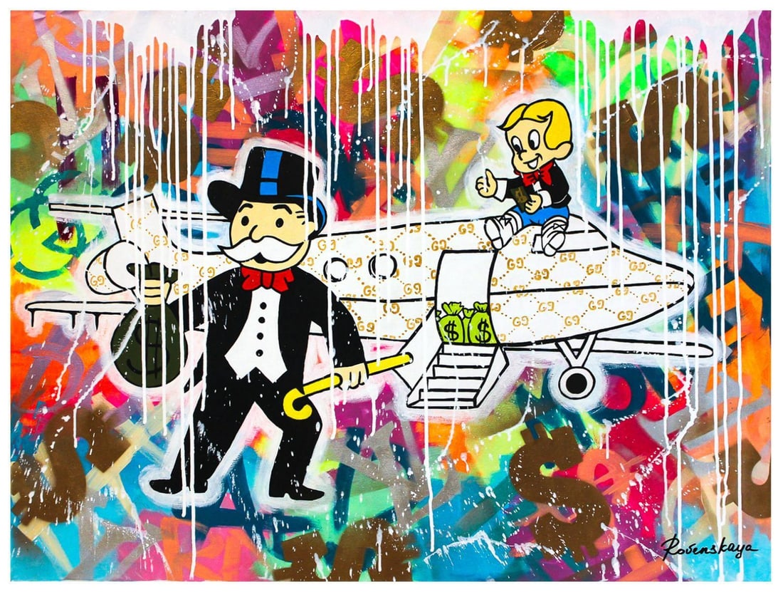 Nastya Rovenskaya- Original Oil on Canvas "Money and Jr.": Artist: Nastya Rovenskaya. Medium: Original Oil on Canvas. Title: Money and Jr.. Size: 30" x 40". Signature: Hand Signed by the artist. Certificate of Authenticity: From the publisher. Reference#: