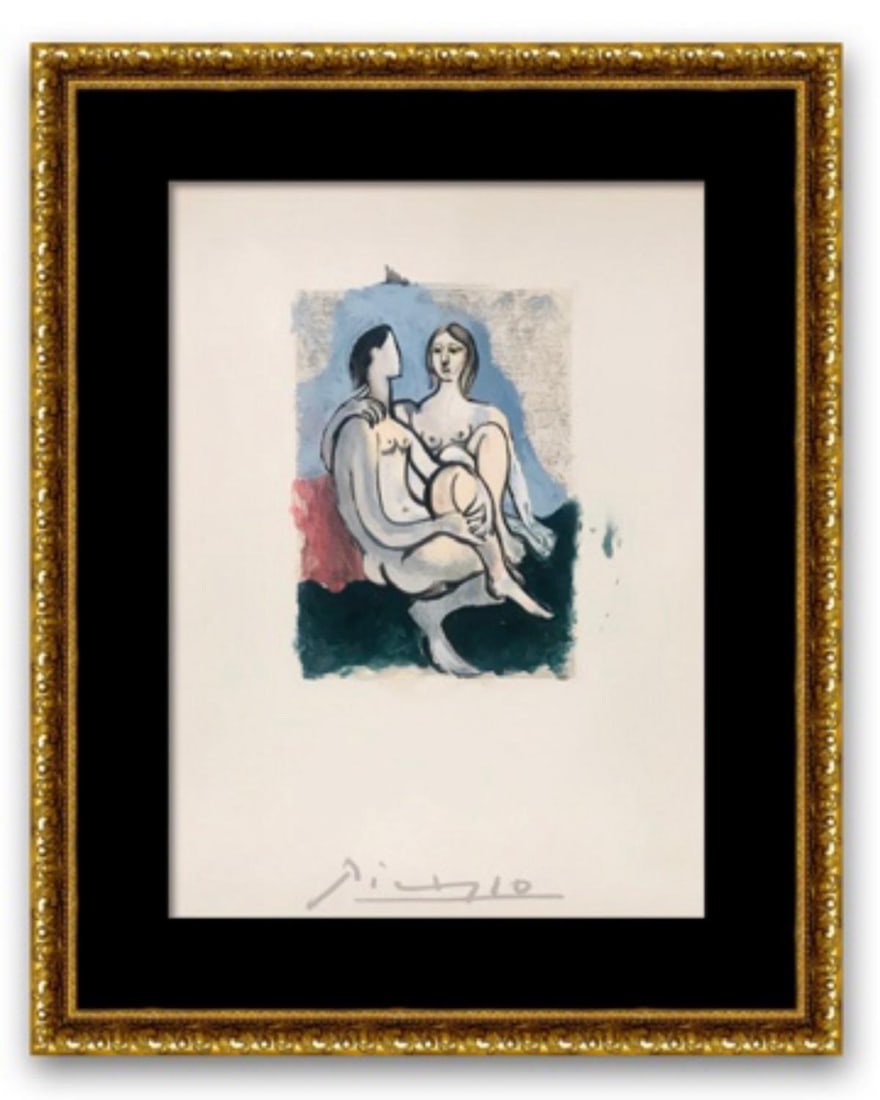 After Pablo Picasso- Lithograph on Arches Paper "La Couple": Artist: After Pablo Picasso. Medium: Lithograph on Arches Paper. Title: La Couple. Size: 29" x 22". Measures approx. 40" x 30" (framed). Certificate of Authenticity: Is included. Additional: