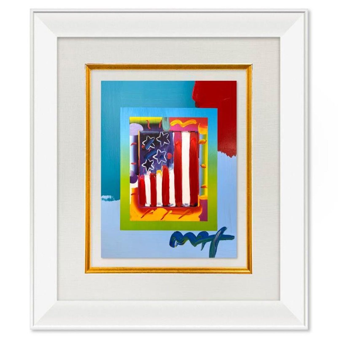 Peter Max, "Flag with Heart" Framed One-of-a-Kind Acrylic Mixed Media, Hand Signed with Registration (1 of 2)