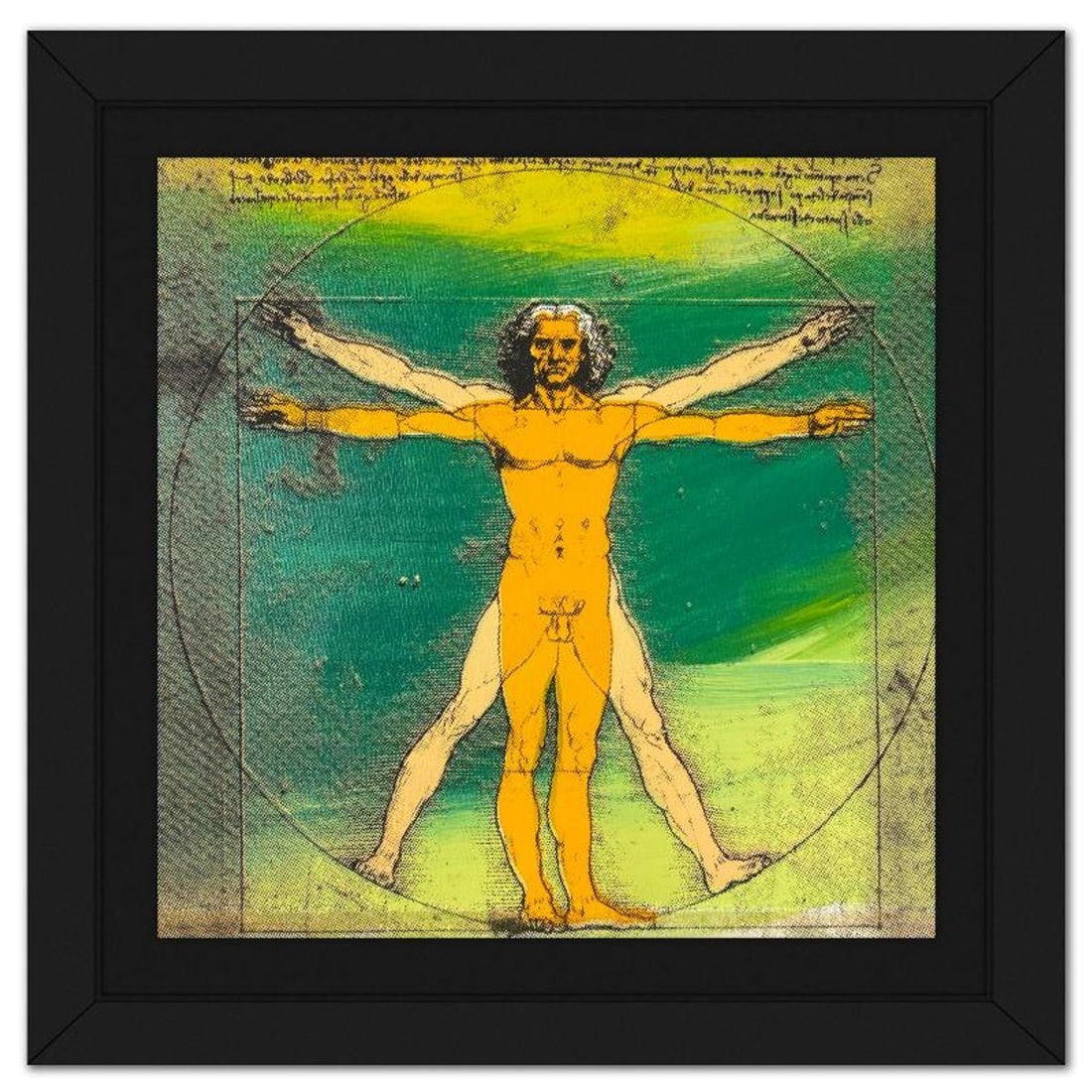 Steve Kaufman (1960-2010), "Vitruvian Man" Framed Hand Embellished Limited Edition Silscreen,: "Vitruvian Man" is a hand embellished limited edition silkscreen on canvas by Andy Warhol protege, Steve Kaufman (1960-2010), numbered 26/50 inverso and hand signed by the artist. This piece comes cus