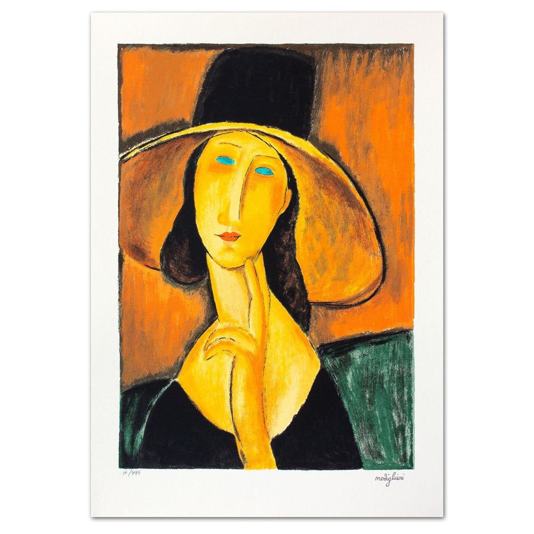 Amedeo Modigliani- Serigraph "Protrait Of A Woman With Hat": Artist: Amedeo Modigliani. Medium: Serigraph. Title: Protrait Of A Woman With Hat. Size: 20" x 14". Signature: Stamp signed and numbered. Certificate of Authenticity: Is included. Additional: Printed