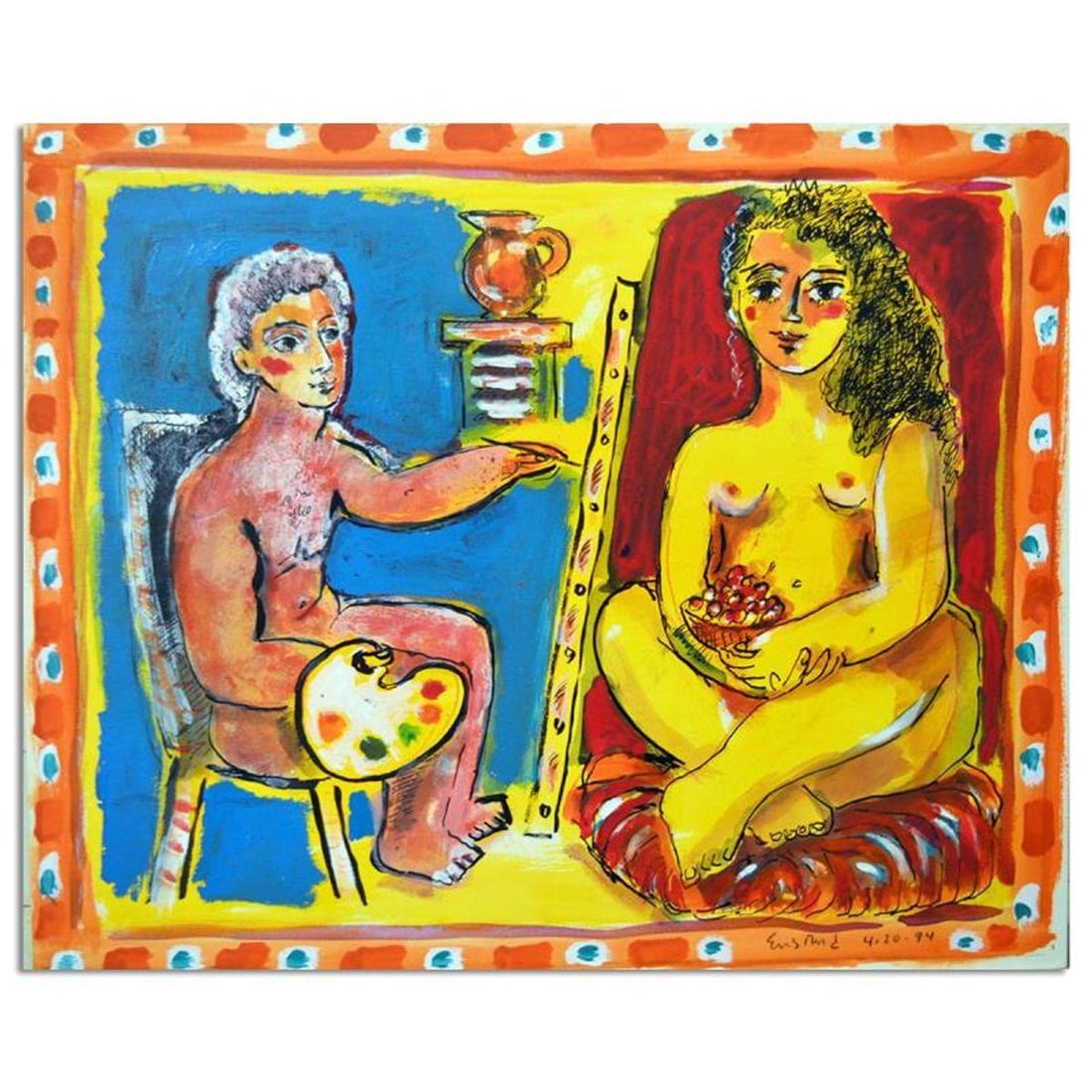 Wayne Ensrud, "Artist And His Muse" Mixed Media Original Artwork with COA.: "Artist And His Muse" is an original Mixed Media on Board by Wayne Ensrud. The piece is hand signed by the artist and comes with a Certificate of Authenticity. Measures approximately 15" x 18".