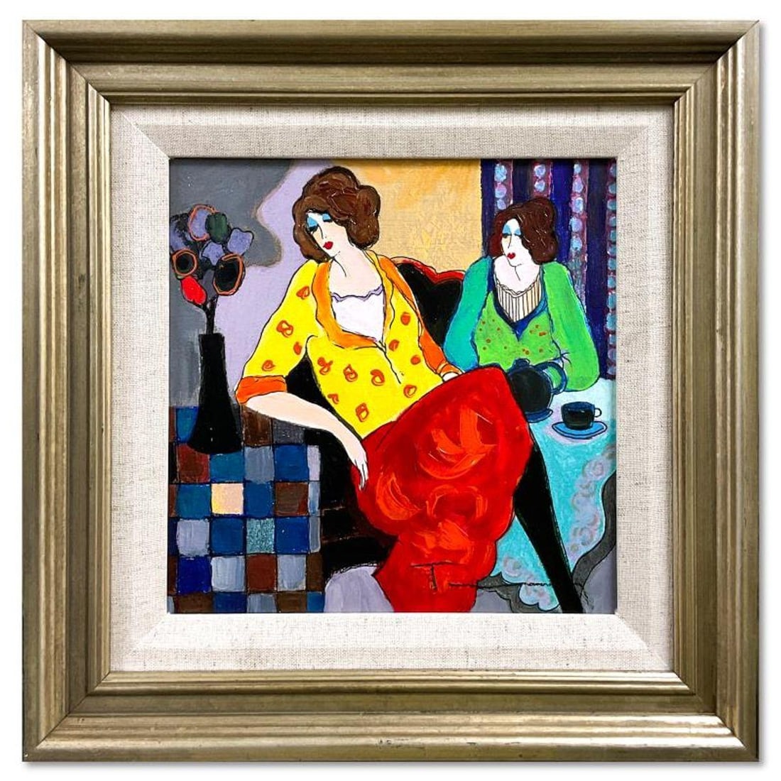 Itzchak Tarkay (1935-2012), "Sisters" Framed One-of-a-Kind Mixed Media Over Paint on Wood, Hand (1 of 2)