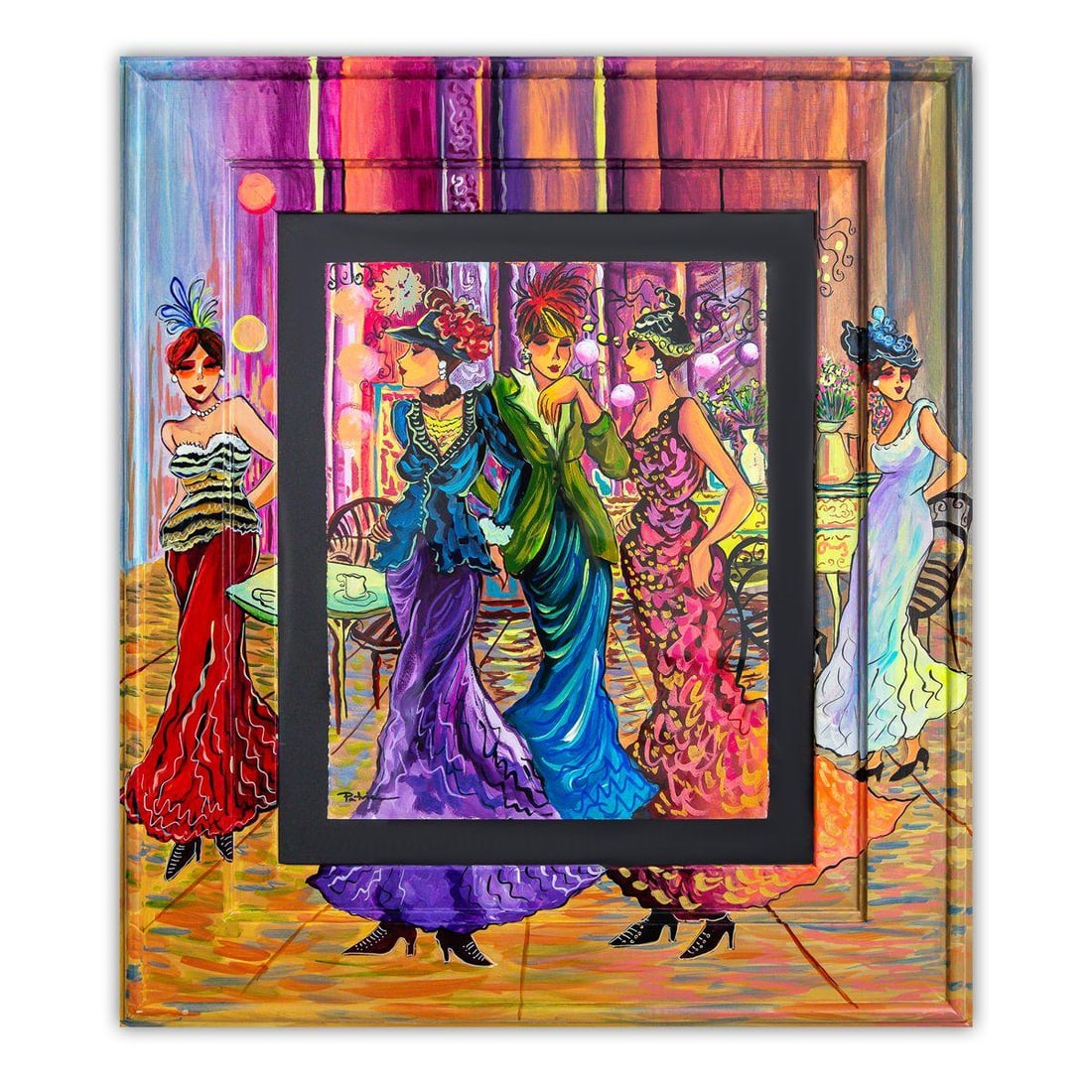 Patricia Govezensky- Original Watercolor with Hand Painted Frame "Dance of Colors": Artist: Patricia Govezensky. Medium: Original Watercolor with Hand Painted Frame. Title: Dance of Colors. Size: 14" x 11". Measures approx. 24.5" x 21.5" (framed). Signature: Hand Signed by the