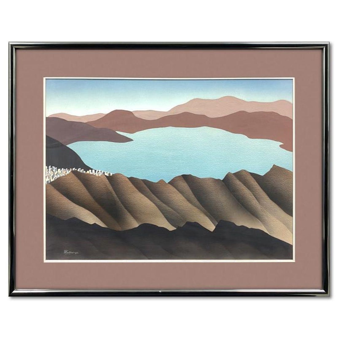 William Schlesinger (1915-2011), "City at the Lake" Framed Original Mixed Media Airbrush Painting,: "City at the Lake" is an original mixed media airbrush painting on paper by William Schlesinger (1915-2011), dated 1987 and hand signed by the artist. This piece comes framed. Includes Letter of Authe