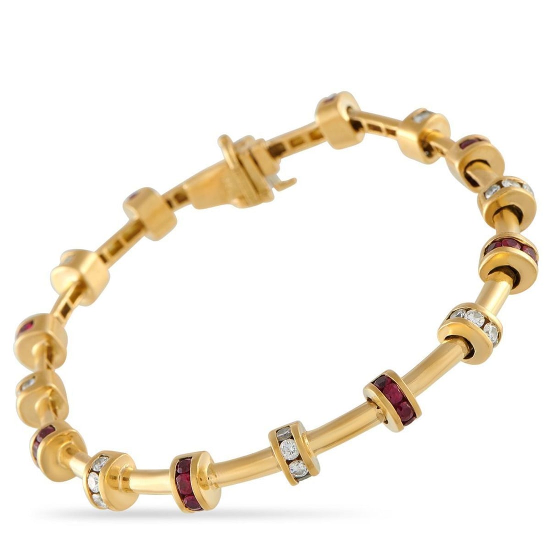 CHARLES KRYPELL 18K YELLOW GOLD 1.0CT DIAMOND AND RUBY BRACELET: This Charles Kyprell bracelet is sleek, elegant, and sophisticated. Crafted from 18K Yellow Gold, the minimalist design is elevated by Diamonds with a total weight of 1.0 carats and Ruby gemstones tot