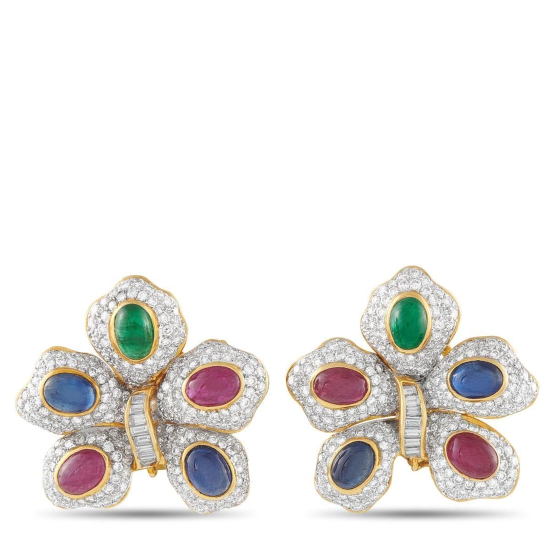 18K YELLOW GOLD 4.80CT DIAMOND AND COLORED GEMSTONE FLOWER EARRINGS (1 of 4)