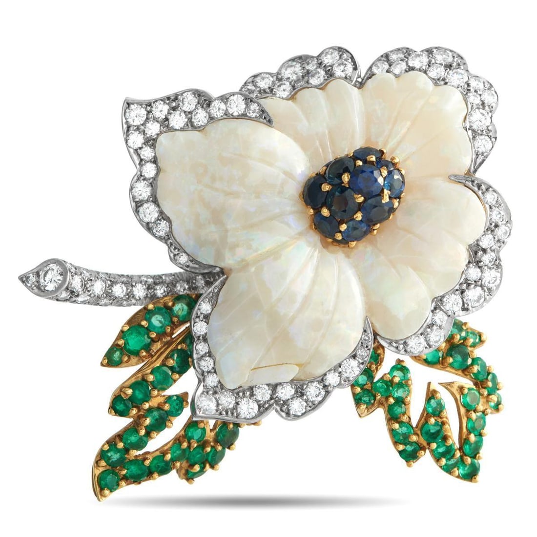 18K YELLOW GOLD 3.50CT DIAMOND, OPAL, EMERALD AND SAPPHIRE FLOWER BROOCH: The beauty of this brooch unfolds slowly, offering more with every look. The flower silhouette is drawn in white gold, traced with diamonds, setting a crisp outline around softly curved opal petals. E