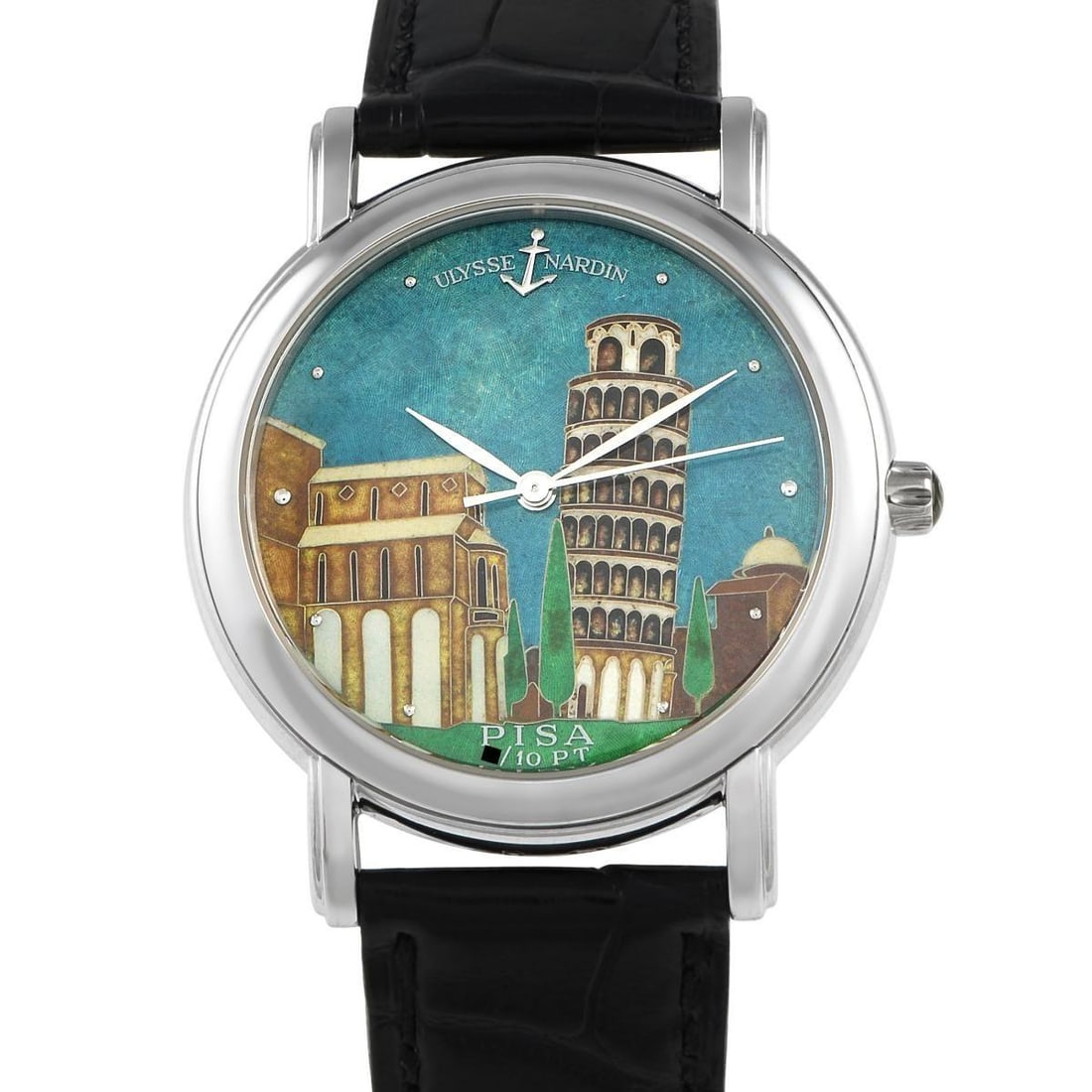 ULYSSE NARDIN SAN MARCO PISA ENAMEL DIAL WATCH: A watch and an art piece. This limited edition Ulysse Nardin San Marco Pisa, one of ten, is a time-only watch designed with an enamel polychrome cloisonn dial depicting the Tower of Pisa. The detailed