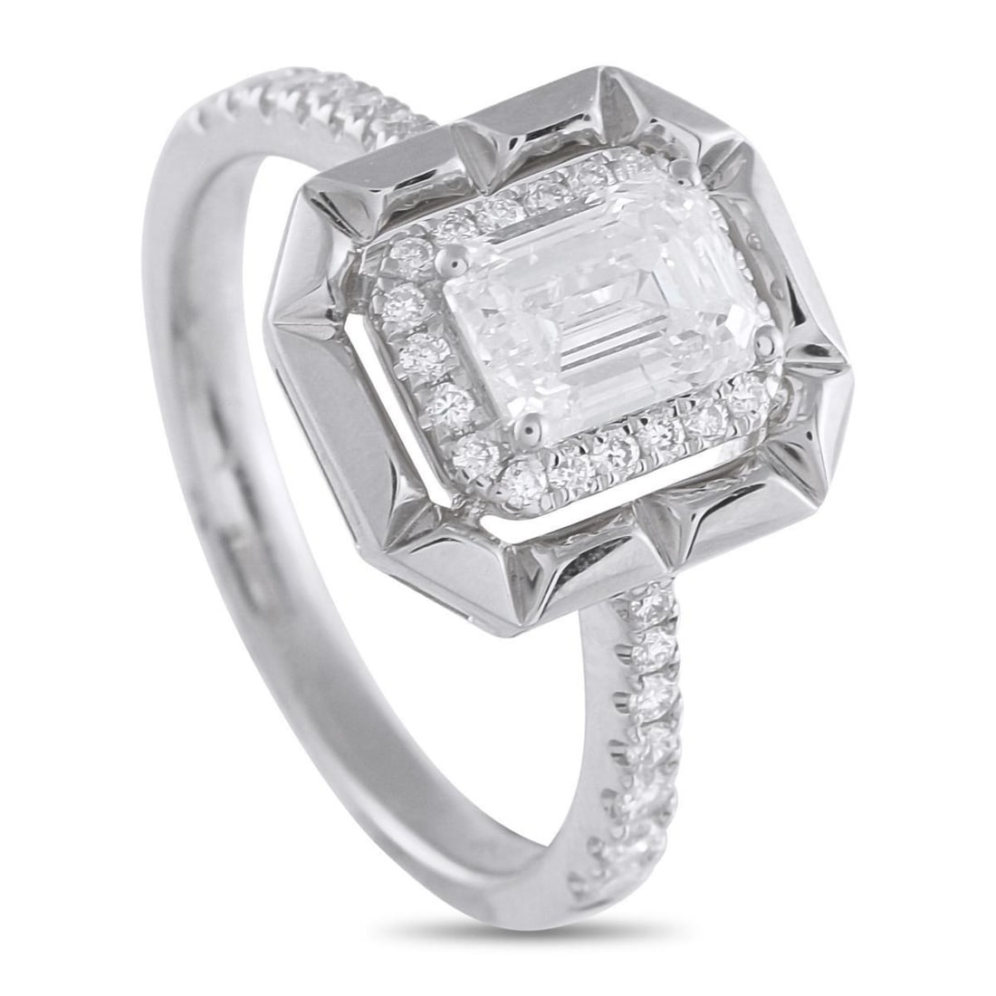18K WHITE GOLD 1.27CT DIAMOND RING: With a design rooted in structure and balance, this diamond ring places light and geometry at the heart of its form. At its center is a 1.02-carat step-cut diamond with crisp facets. It is framed by