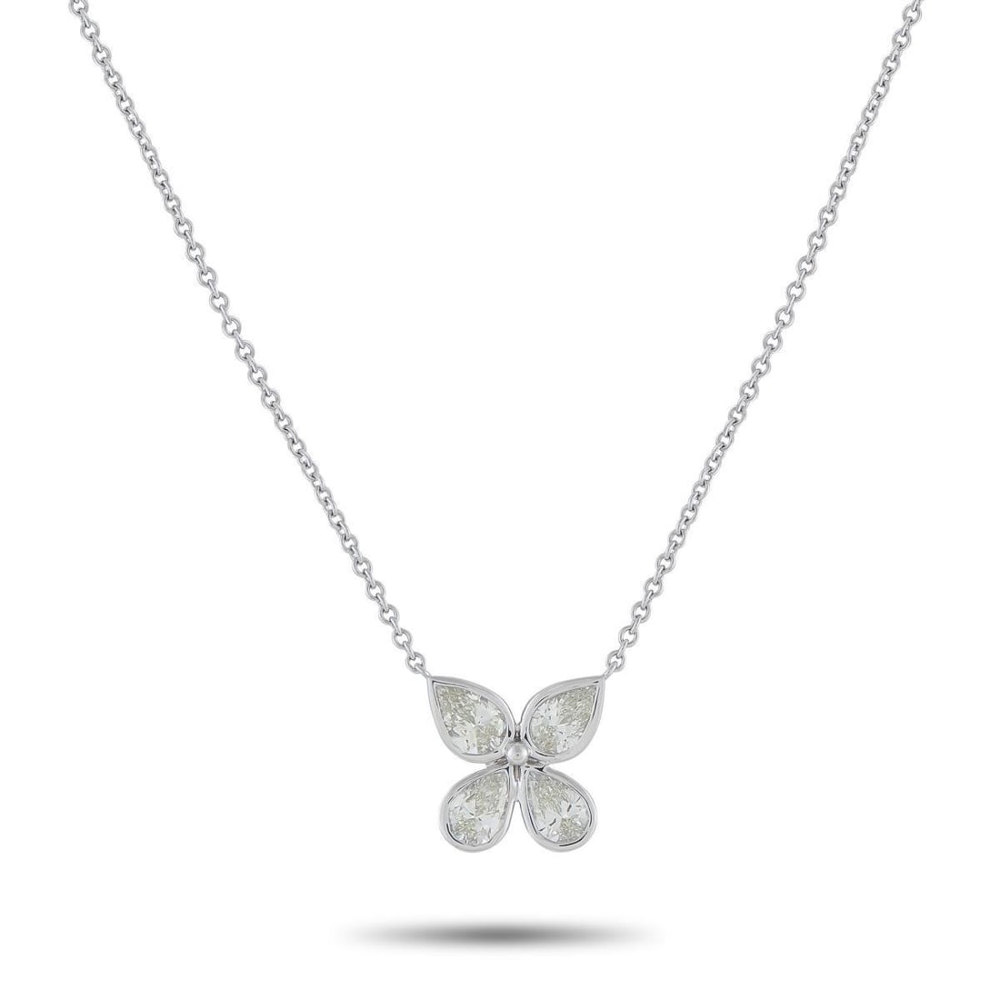 18K WHITE GOLD 2.35CT DIAMOND FLOWER NECKLACE: Pear shaped Diamonds with a total weight of 2.35 carats makes this necklace simply unforgettable. Ideal for everyday wear, the 18K White Gold pendant measures 0.50 round and is suspended at the center