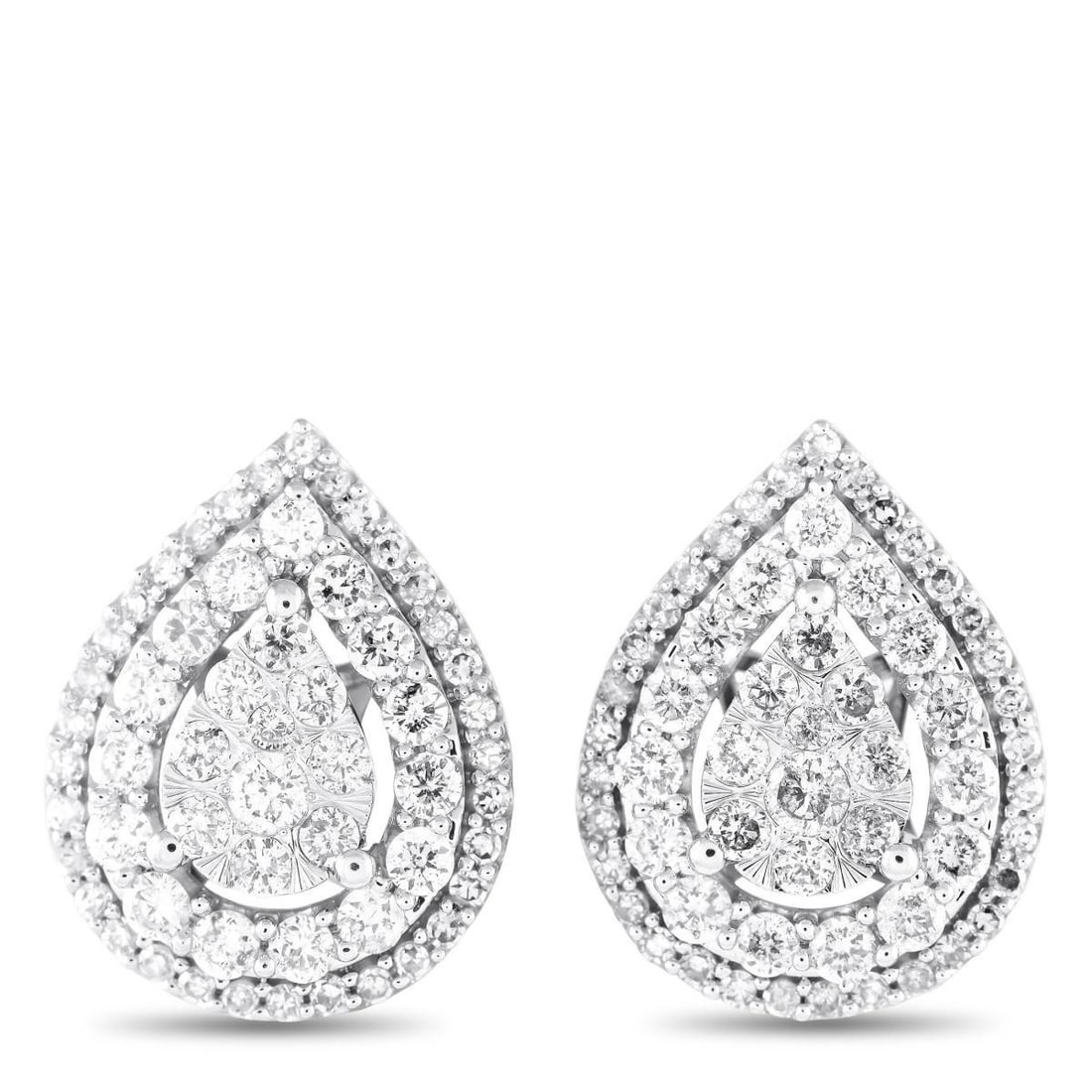 14K WHITE GOLD 1.0CT DIAMOND EARRINGS: A chic, pear-shaped setting crafted from 14K White Gold serves as a stylish foundation for these impressive earrings. Adorned with Diamonds totaling 1.0 carats, each one of these exquisite earrings me
