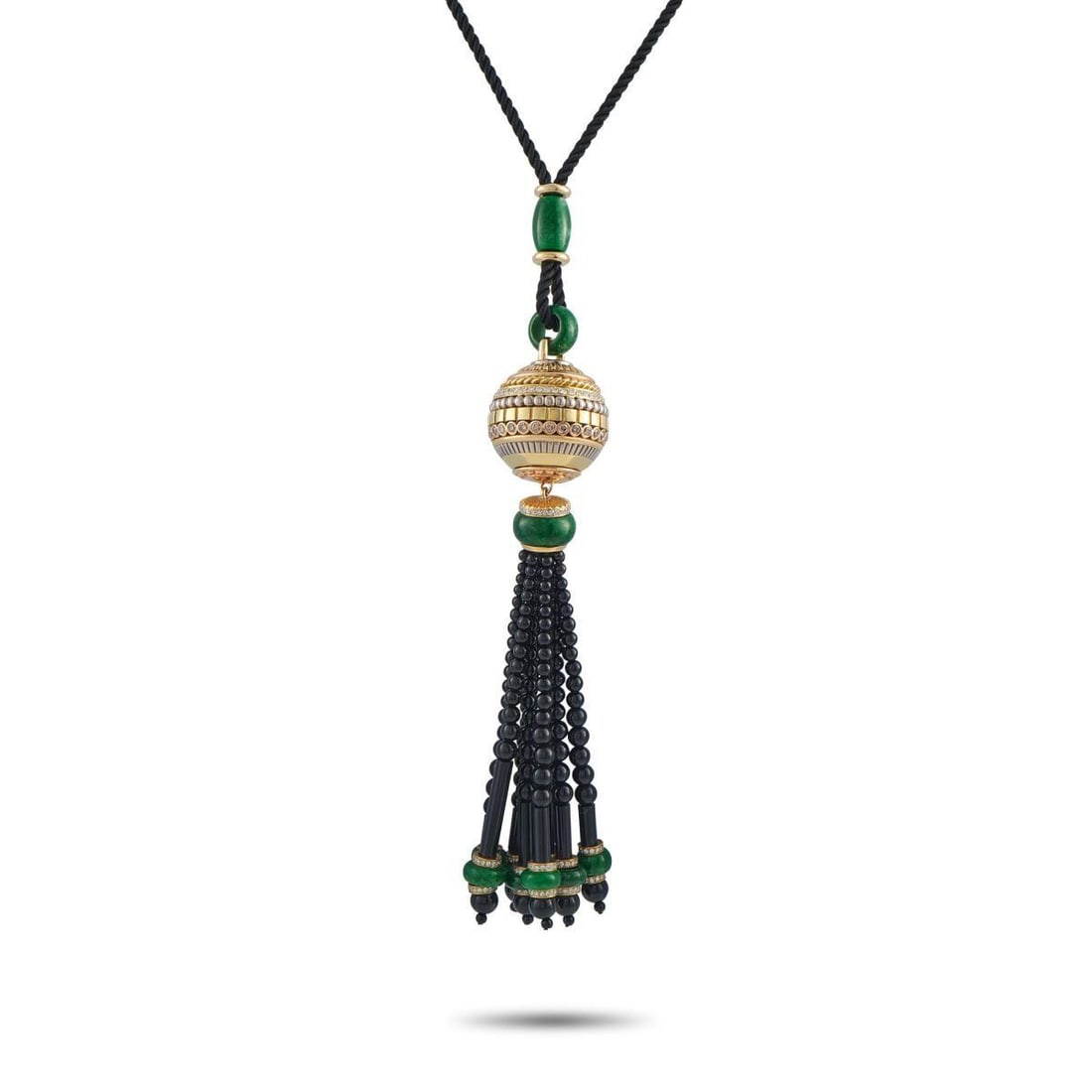 CICADA 18K YELLOW GOLD 2.75CT DIAMOND, JADE, AND ONYX TASSEL PENDANT NECKLACE: This Cicada necklace is an eye-catching piece that will instantly add drama to any ensemble. A dramatic tassel pendant measuring 5 long by 1 wide serves as a stunning focal point on this impressive ac