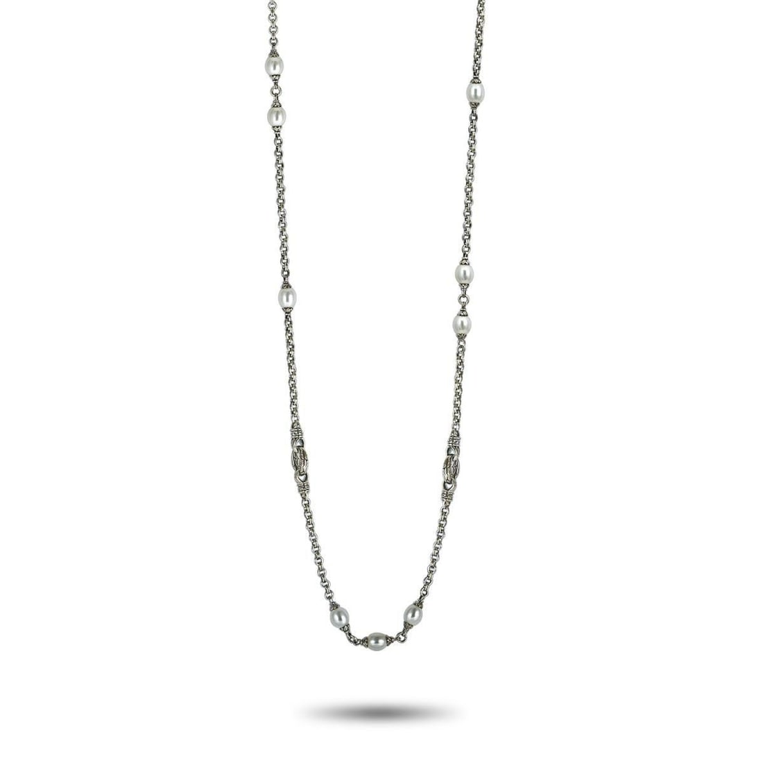 SCOTT KAY STERLING SILVER AND PEARL CHAIN LONG NECKLACE: This Scott Kay necklace is crafted from sterling silver and embellished with pearls. The necklace weighs 74.5 grams and measures 48 in length.Offered in brand new condition, this jewelry piece include