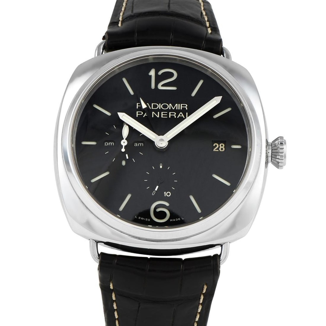 OFFICINE PANERAI RADIOMIR 10 DAYS GMT STEEL WATCH: Time-telling is a breeze with the oversized 47mm Radiomir. The Panerai PAM323 offers supreme legibility with its luminous pencil hands set against a black sandwich dial. There is also a 24-hour hand w