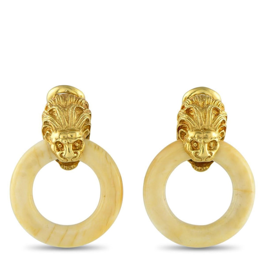 ZOLOTAS HERITAGE 18K YELLOW GOLD WHITE AGATE EARRINGS: These Zolotas Heritage earrings bring classical forms into the modern era. Artistic lion heads make these door knocker style earrings anything but ordinary. White Agate hoops add even more texture and