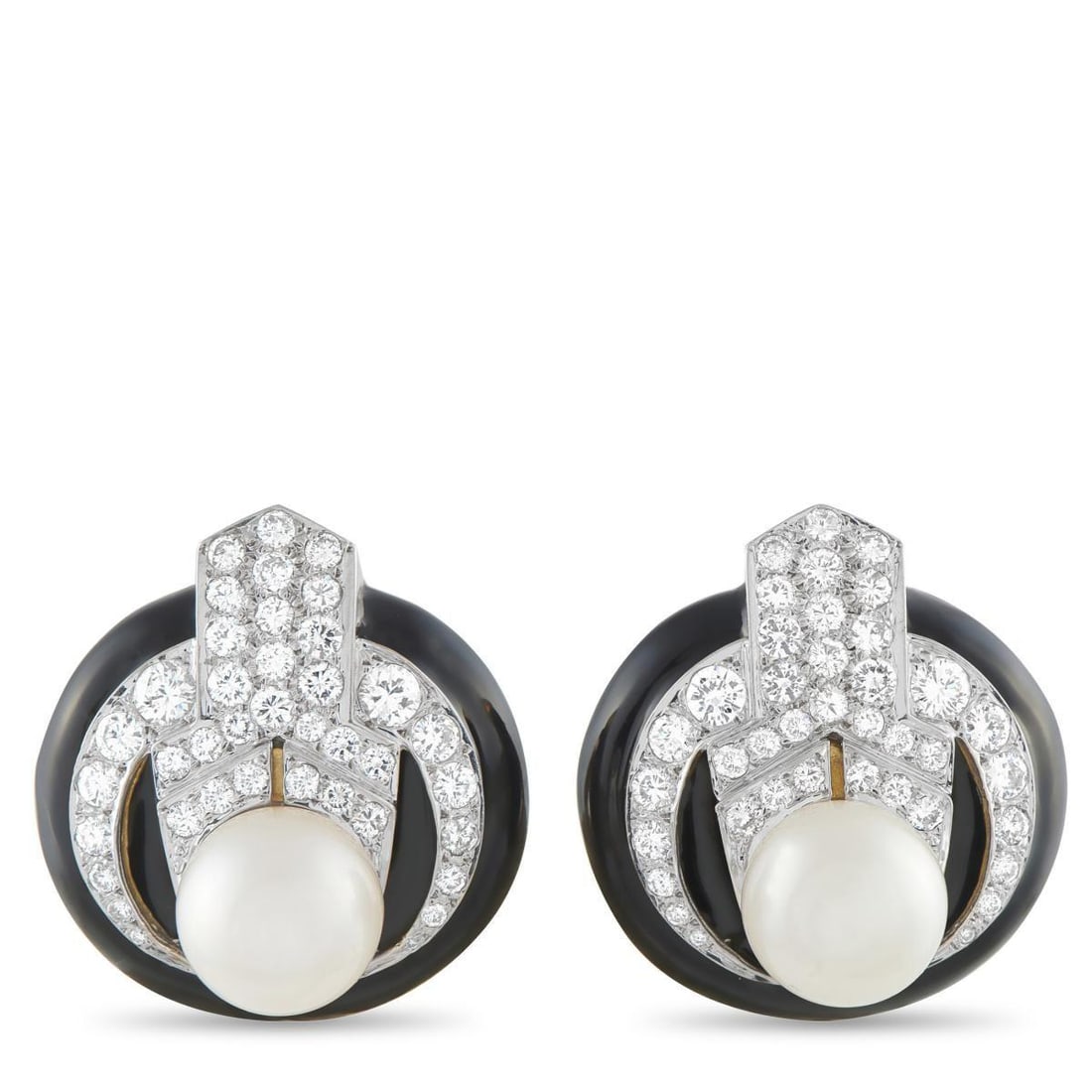 14K YELLOW GOLD 2.0CT DIAMOND AND ENAMEL PEARL CLIP-ON EARRINGS: Understated yet unmistakable, these pearl clip-on earrings and their refined mid-century aesthetic carry a timeless presence suited to formal dressing and classic wardrobes alike. A lustrous 11.4mm pe