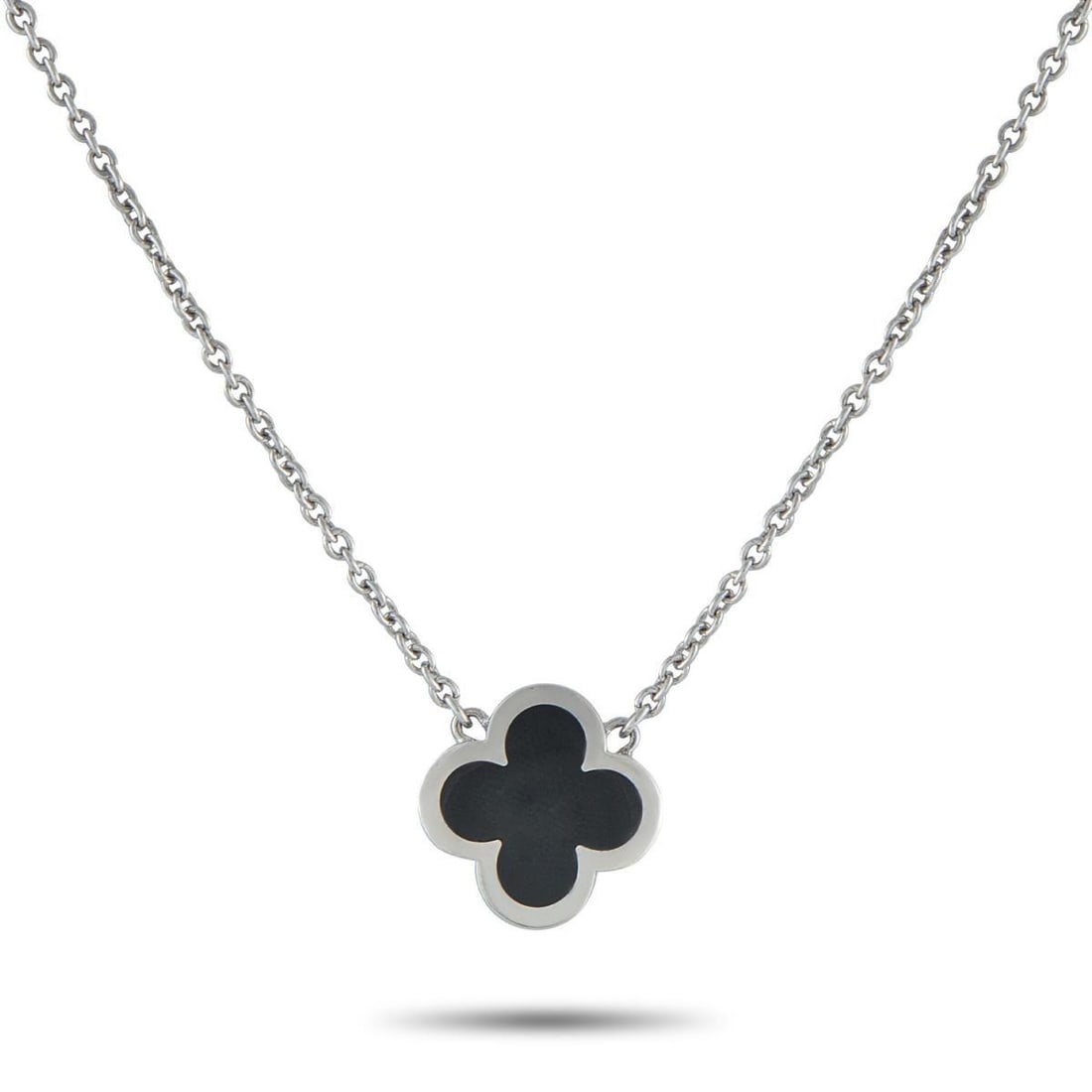 VAN CLEEF & ARPELS PURE ALHAMBRA 18K WHITE GOLD 1-MOTIF NECKLACE: This Van Cleef & Arpels Pure Alhambra necklace is sleek and incredibly sophisticated. Set in 18K White Gold, the pendant offers a streamlined take on the brands signature clover motif. Suspended from