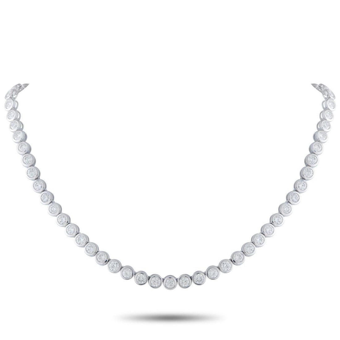 18K WHITE GOLD 17.50CT DIAMOND NECKLACE: This classically elegant necklace will never go out of style. Bezel-set Diamonds with a total weight of 17.50 carats make this luxury piece elegant, contemporary, and incredibly impressive. Set in 18K