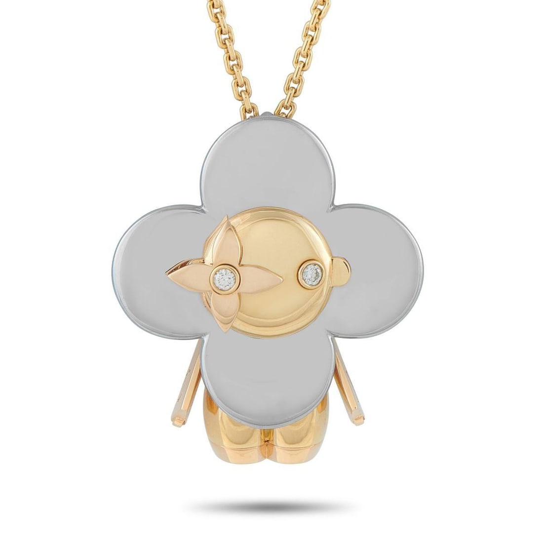 LOUIS VUITTON X MURAKAMI TRICOLOR VIVIENNE PENDANT NECKLACE: On this Louis Vuitton necklace, Japanese artist Takashi Murakami adds his bold signature to one of the luxury brands most iconic characters. The Maisons emblematic mascot Vivienne comes to life in a m