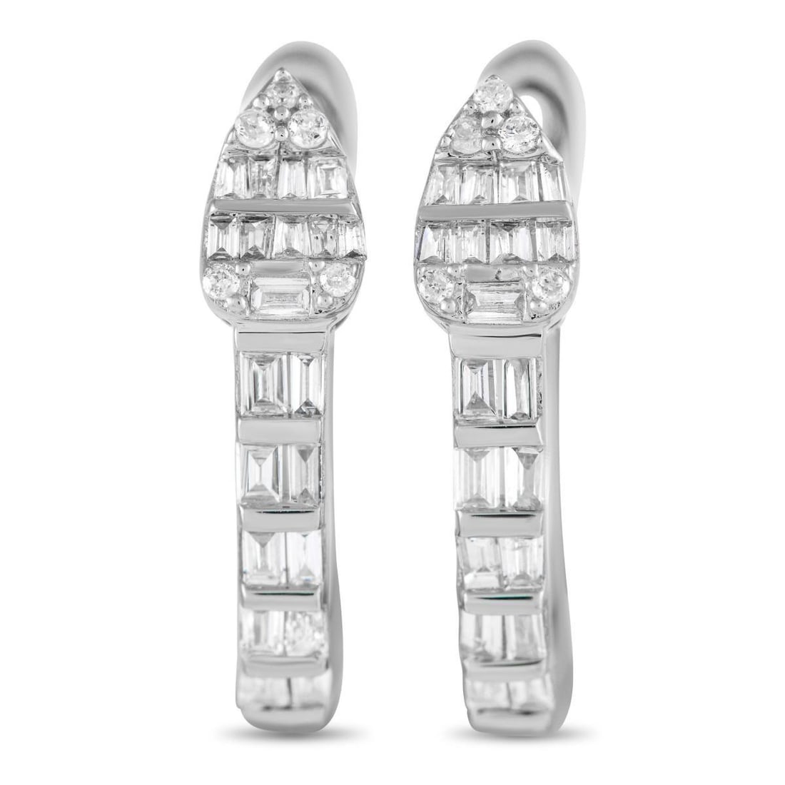 14K WHITE GOLD 0.70CT DIAMOND HUGGIE EARRINGS: If laidback-chic is your style, then these hoops are for you. Crafted in 14K white gold, these earrings offer a subtle shine. Step-cut diamonds line the circular hoop, while a pear-shaped bezel with a