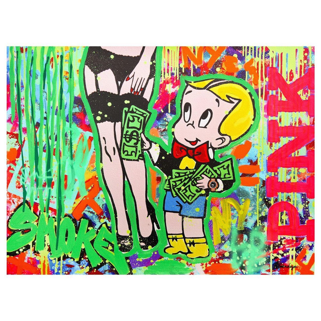 Nastya Rovenskaya- Mixed Media on Canvas "Golden Teddy Rises": Artist: Nastya Rovenskaya. Medium: Mixed Media on Canvas. Title: Golden Teddy Rises. Size: 30" x 40". Signature: Hand Signed. Certificate of Authenticity: Is included. Reference#: 30202.