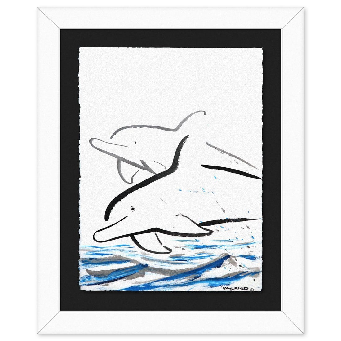 Wyland- Original Sumi Ink Painting "Dolphins": Artist: Wyland. Medium: Original Sumi Ink Painting. Title: Dolphins. Size: 30" x 23". Measures approx. 40" x 33" (framed). Signature: Hand signed by the artist. Certificate of Authenticity: Is include