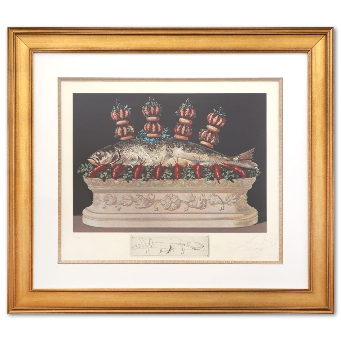 Salvador Dali- Photolithograph and engraving in colors on B.F.K. Rives paper "Les panaches panaches,: Artist: Salvador Dali. Medium: Photolithograph and engraving in colors on B.F.K. Rives paper. Title: Les panaches panaches, from Les Diners de Gala, 1977. Size: 20" x 25". Measures approx. 33" x 37" (