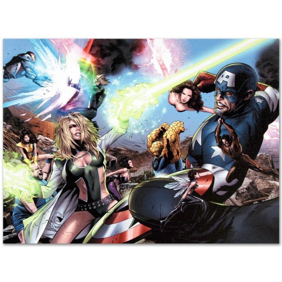 Marvel Comics "Ultimate Power #6" Numbered Limited Edition Giclee on Canvas by Greg Land with COA.: A piece of comic book history, this limited edition, from original art by Greg Land, depicts Scarlet Witch, Captain America, Thing, Wasp, Shadowcat, Power Princess, Arcanna, Dr. Spectrum, Nighthawk, a