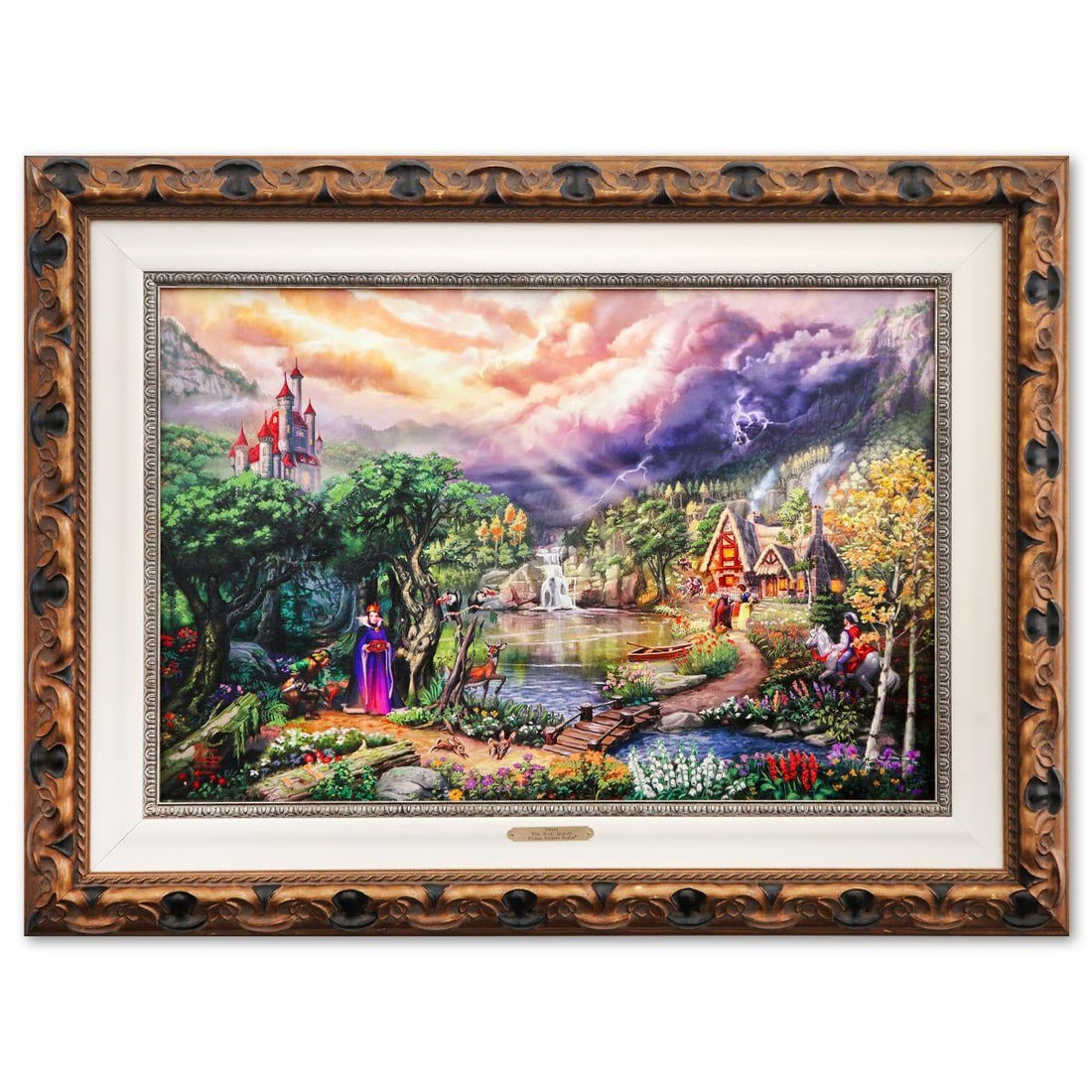 Thomas Kinkade- Hand Embellished Giclee on Canvas "The Evil Queen": Artist: Thomas Kinkade. Medium: Hand Embellished Giclee on Canvas. Title: The Evil Queen. Size: 17" x 26". Measures approx. 27" x 36" (framed). Signature: Hand signed and numbered. Certificate of Auth