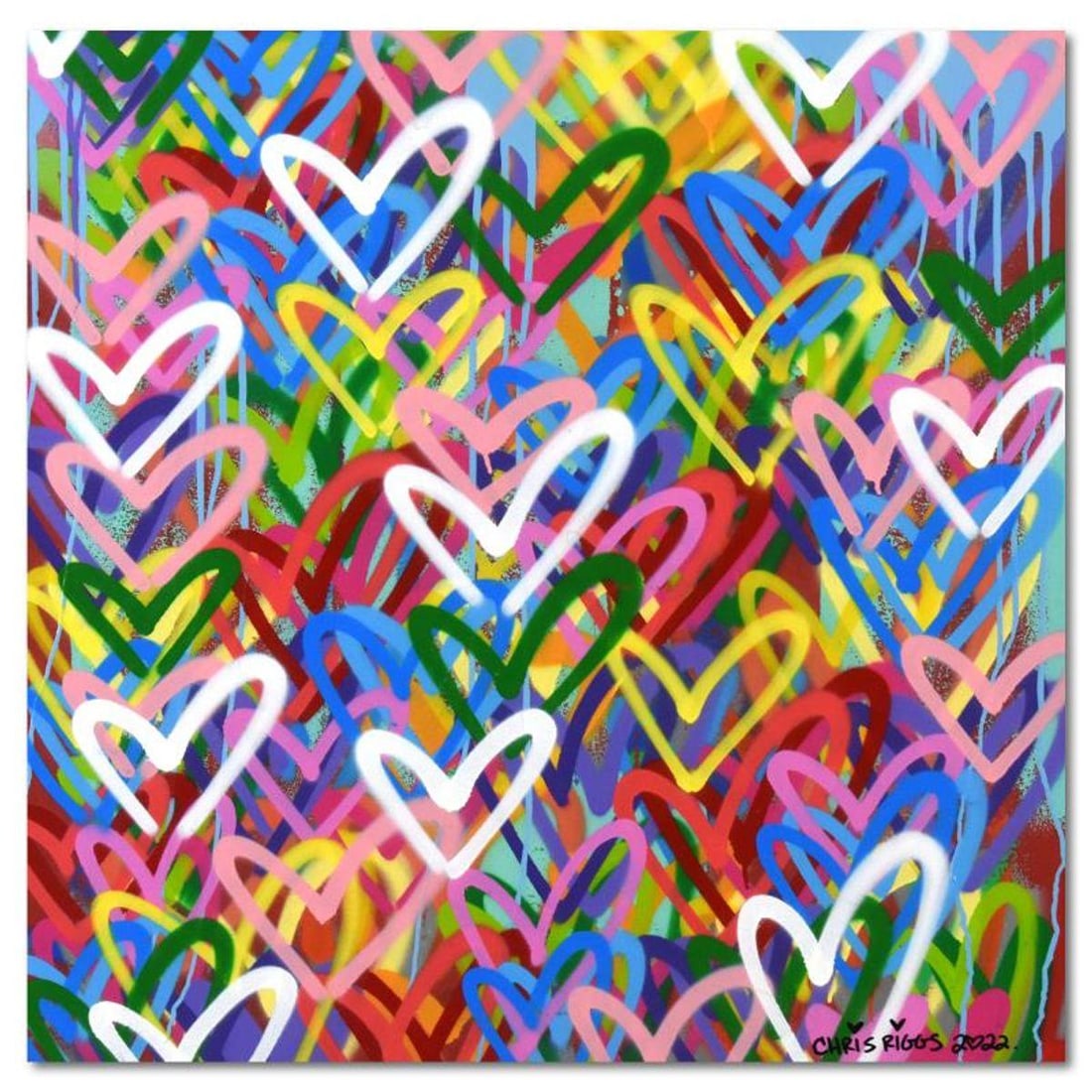 Chris Riggs, "Love" Original Spray Paint Painting on Gallery Wrapped Canvas, Hand Signed with Letter: Love is an original spray paint painting on canvas by Chris Riggs, hand signed by the artist. This piece comes gallery wrapped. Includes Letter of Authenticity. Measures approx. 36" x 36" (image).