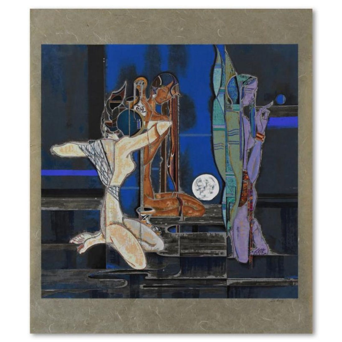 Lu Hong, "Full Moon and Water" Limited Edition Serigraph on Rice Paper, Numbered and Hand Signed: Full Moon and Water is a limited edition serigraph on rice paper by Lu Hong, numbered and hand signed by the artist. Includes Letter of Authenticity. Measures approx. 32" x 38" (with border), 29" x 29