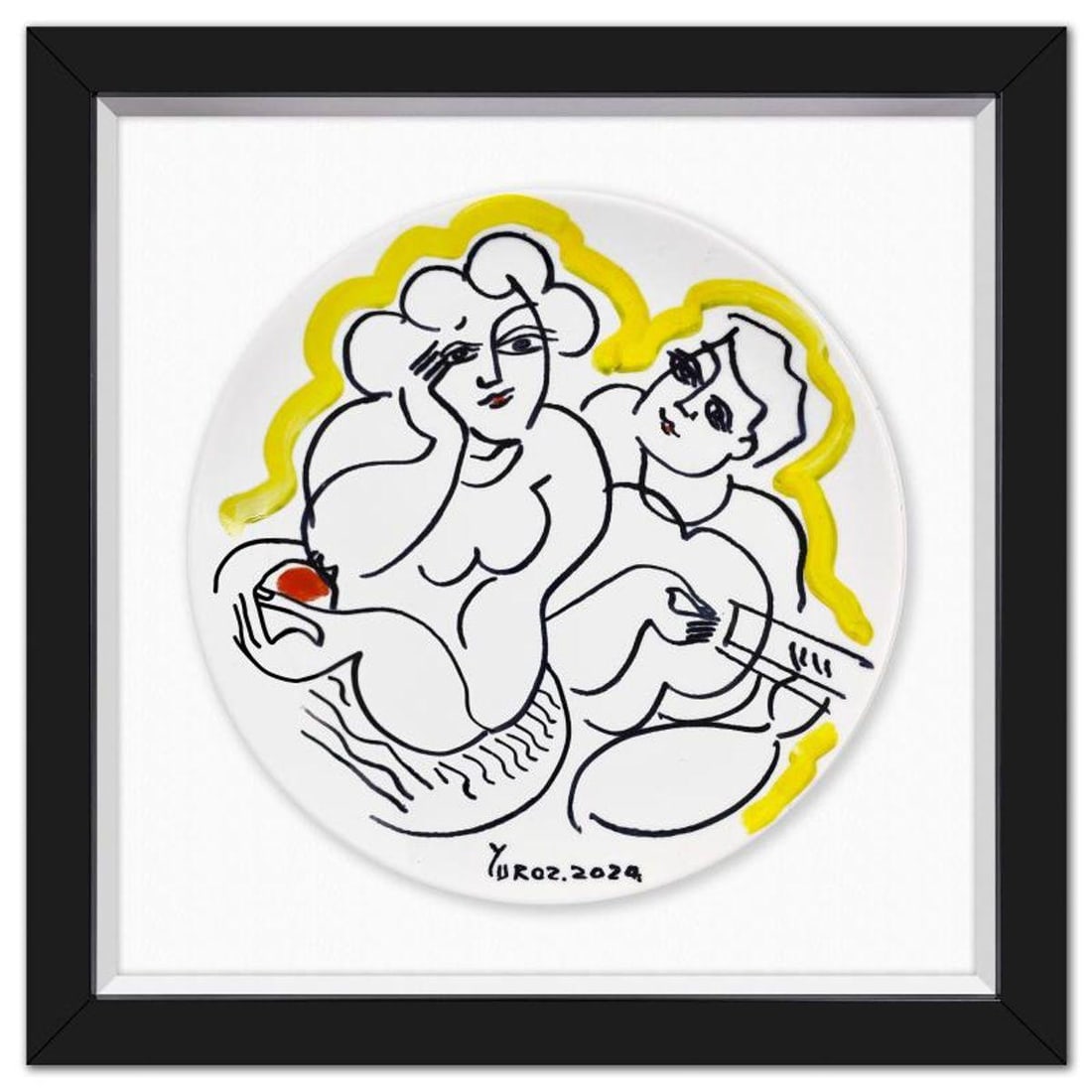 Yuroz, Framed Hand Painted Ceramic Plate, Hand Signed with Letter of Authenticity.: This is a hand painted ceramic plate by Yuroz, hand signed by the artist. This piece comes custom framed floated on linen. Includes Letter of Authenticity. Measures approx. 15.5" x 16" (frame), 11" (d