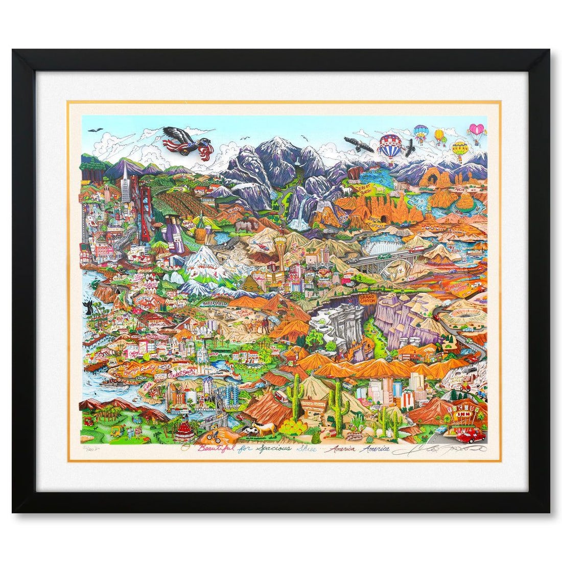 Charles Fazzino- 3D Construction Silkscreen Serigraph "O BEAUTIFUL FOR SPACIOUS SKIES": Artist: Charles Fazzino. Medium: 3D Construction Silkscreen Serigraph. Title: O BEAUTIFUL FOR SPACIOUS SKIES. Size: 26" x 32". Measures approx. 34" x 40" (framed). Signature: Hand signed and numbered.