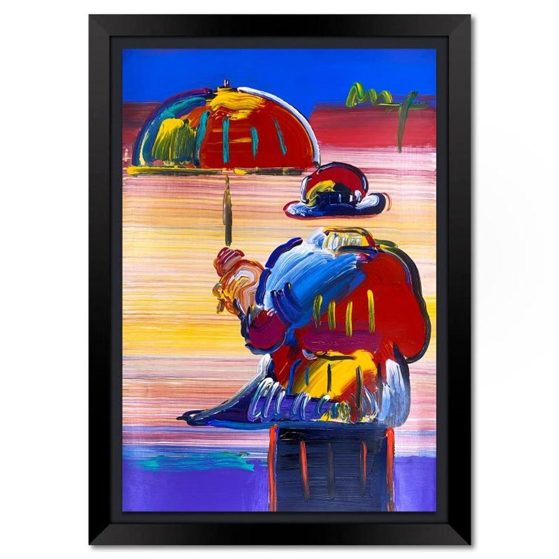 Peter Max, "Umbrella Man" Framed One-of-a-Kind Mixed Media, Hand Signed with Registration Number: Umbrella Man is a one-of-a-kind mixed media on paper, hand signed by Peter Max. The piece comes custom framed with a backside cutout to display Peter Max Studio registration number 315654 certifying