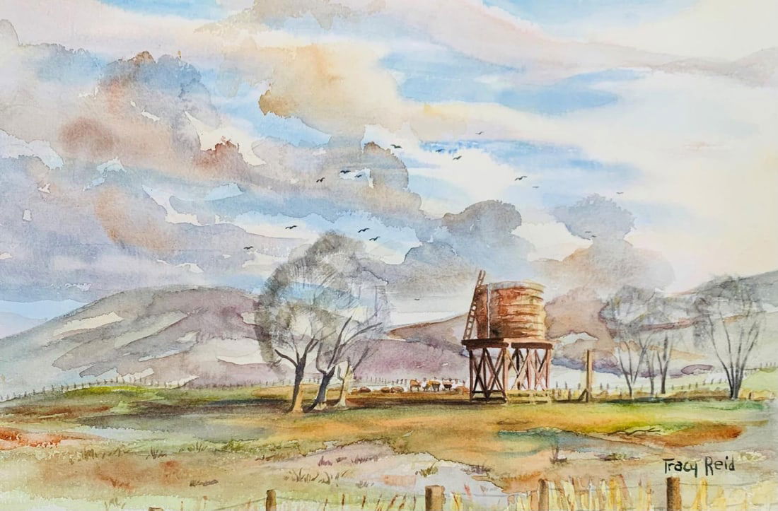 Tracy Reid- Watercolor on paper "Farm": Artist: Tracy Reid. Medium: Watercolor on paper. Title: Farm. Size: 15" x 22". Signature: Hand signed by the artist. Reference#: 42431.