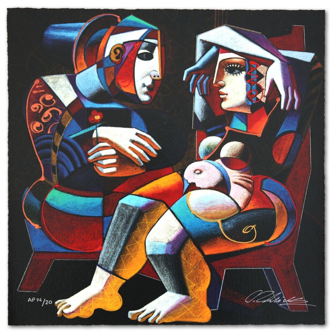 Oleg Zhivetin- Silkscreen "First Date": Artist: Oleg Zhivetin. Medium: Silkscreen. Title: First Date. Size: 16" x 16". Signature: Hand Signed and Numbered. Reference#: 74627.