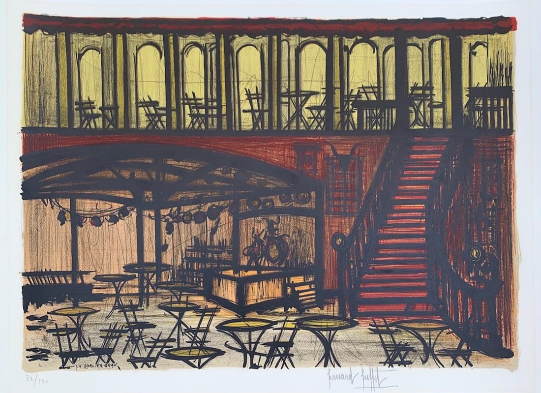 Bernard Buffet- Offset lithograph on paper "La Tavern": Artist: Bernard Buffet. Medium: Offset lithograph on paper. Title: La Tavern. Size: 22" x 30". Signature: Signed and numbered. Reference#: 61384.