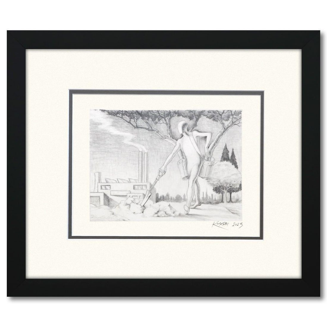 Mark Kostabi- Original Drawing on Paper "Human Nature's Resilience": Artist: Mark Kostabi. Medium: Original Drawing on Paper. Title: Human Nature's Resilience. Size: 7" x 10". Measures approx. 17" x 20" (framed). Signature: Hand signed by the artist. Certificate of Aut