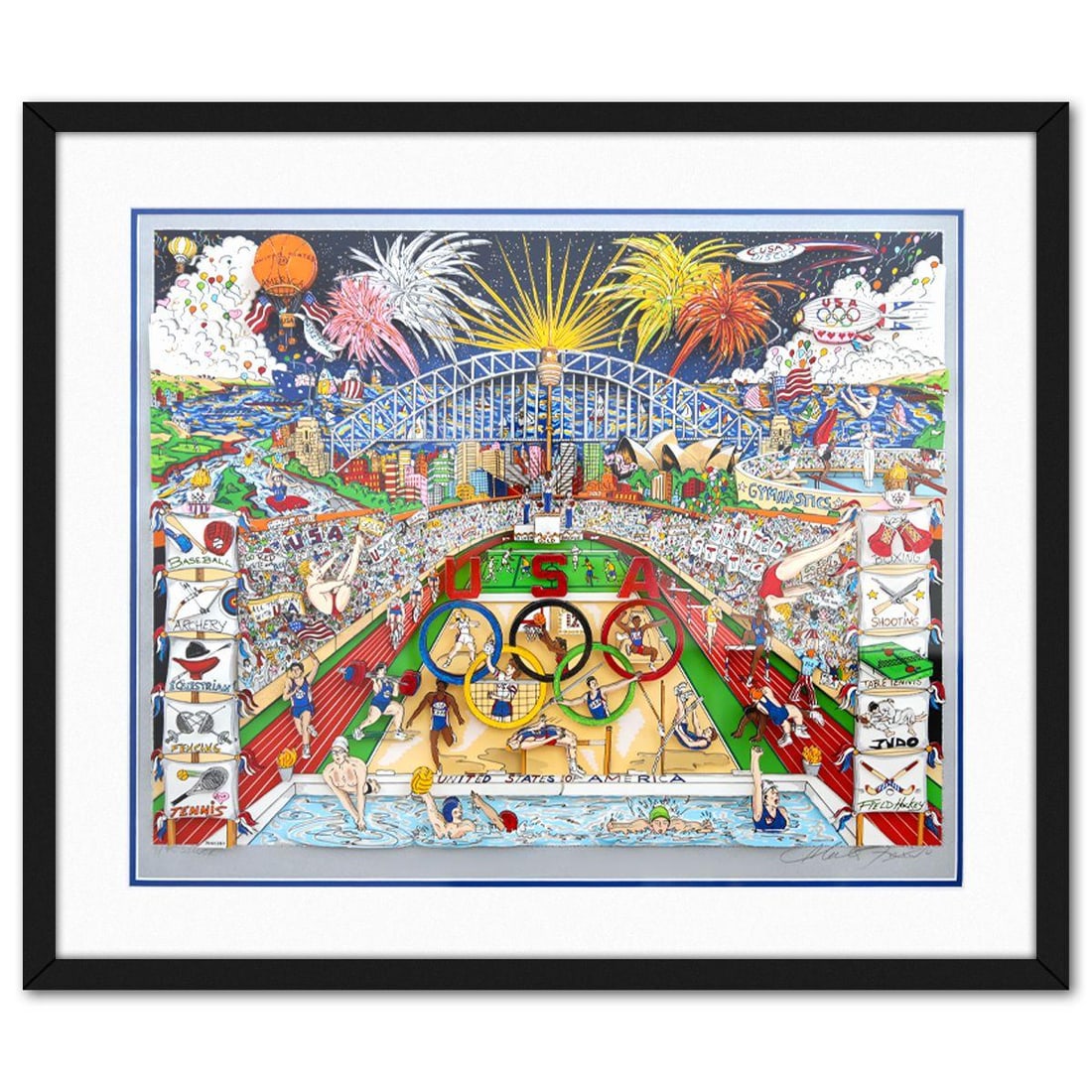 Charles Fazzino- 3D Construction Silkscreen Serigraph "Olympics": Artist: Charles Fazzino. Medium: 3D Construction Silkscreen Serigraph. Title: Olympics. Size: 22" x 27". Measures approx. 28" x 33" (framed). Signature: Hand signed and numbered. Certificate of Authen