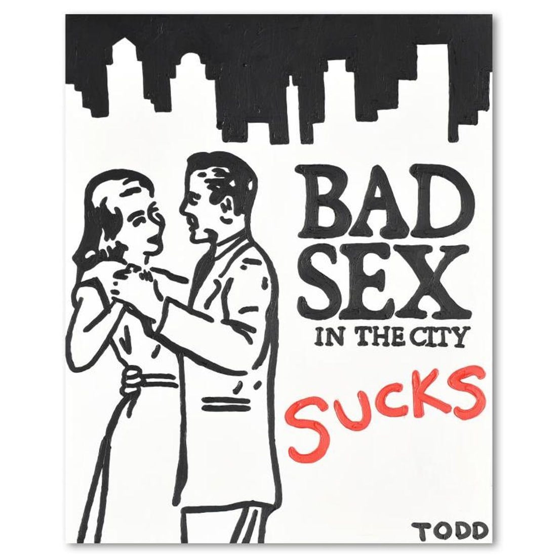 Todd Goldman, "Bad Sex In the City" Original Acrylic Painting on Gallery Wrapped Canvas (48" x 60"),: Bad Sex In the City is an original acrylic painting on gallery wrapped canvas by Todd Goldman, hand signed by the artist. Includes Letter of Authenticity. Measures approx. 48" x 60" (image). Due to