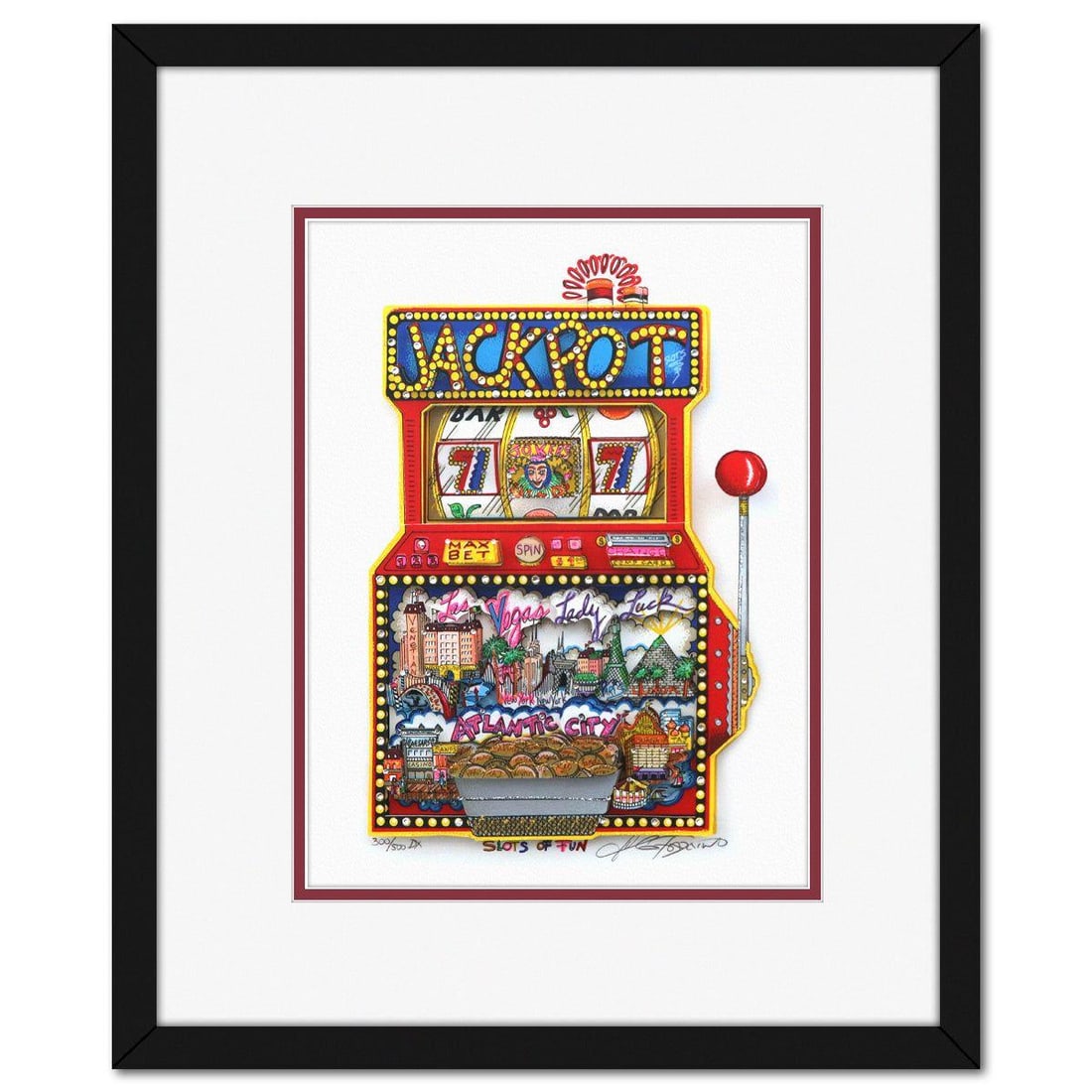 Charles Fazzino- 3D Construction Silkscreen Serigraph "Slots of Fun": Artist: Charles Fazzino. Medium: 3D Construction Silkscreen Serigraph. Title: Slots of Fun. Size: 11" x 9". Measures approx. 18" x 15" (framed). Signature: Hand Signed and Numbered. Certificate of Aut